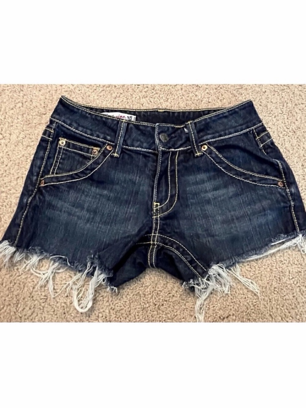 Red Engine Shorts Womens Sz 27 Blue Denim Cut Off Booty Distressed Frayed Fringe